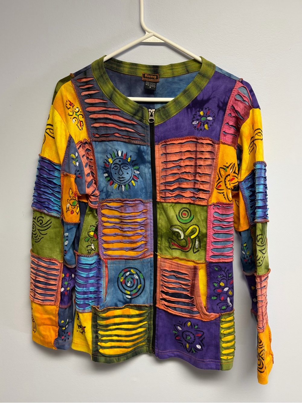 Rising International Multicolor Patchwork Zip Jacket with Green Trim